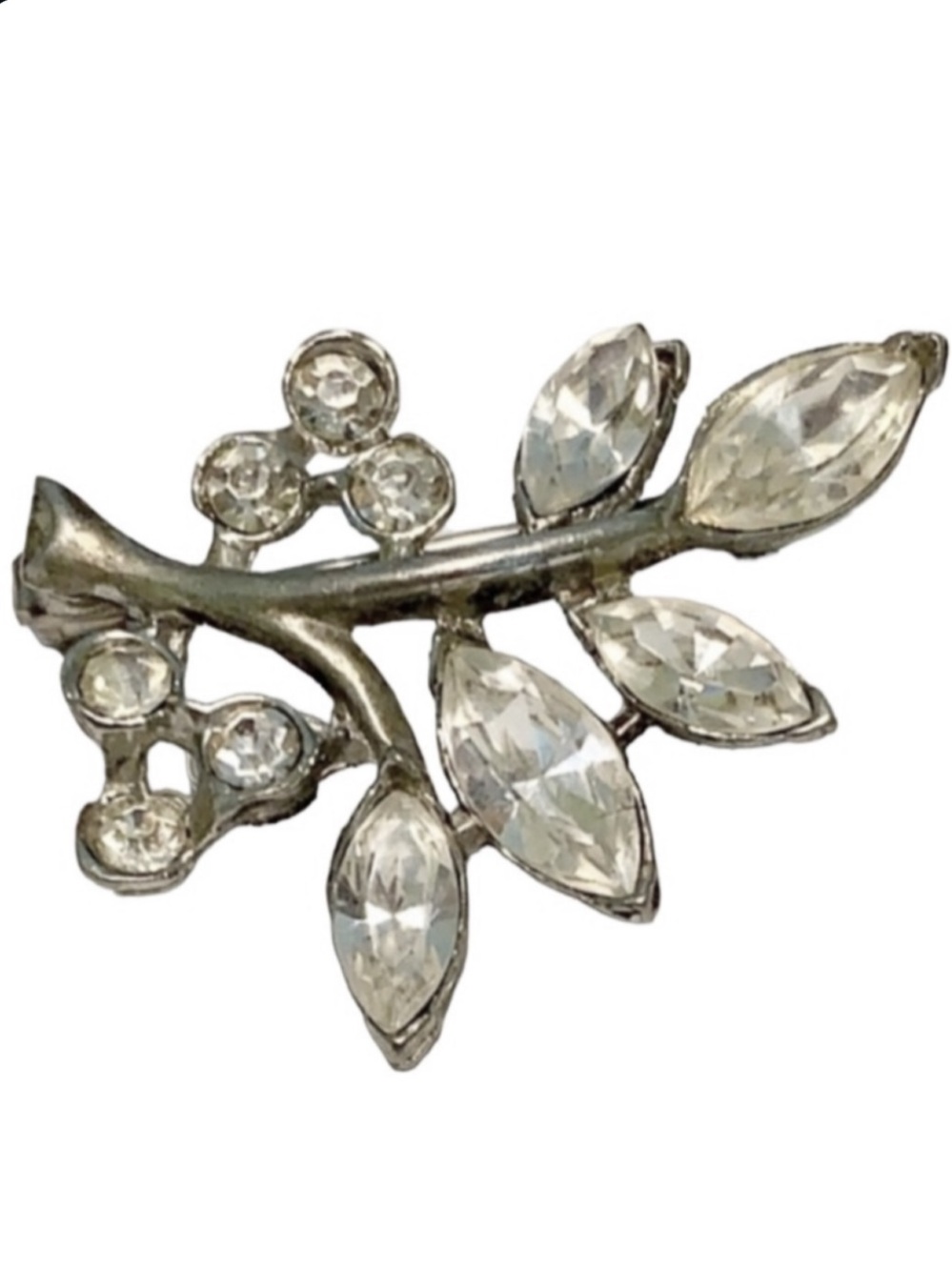 Vintage silver rhinestone leaves brooch